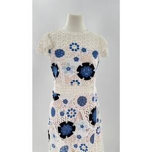 Sea New York White Blue Crochet Lace Flutter Sleeve Midi Dress Sheath 6